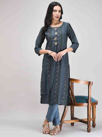 Women's Blue Muslin Bandhani Print Kurta | Ethnic Straight Kurta