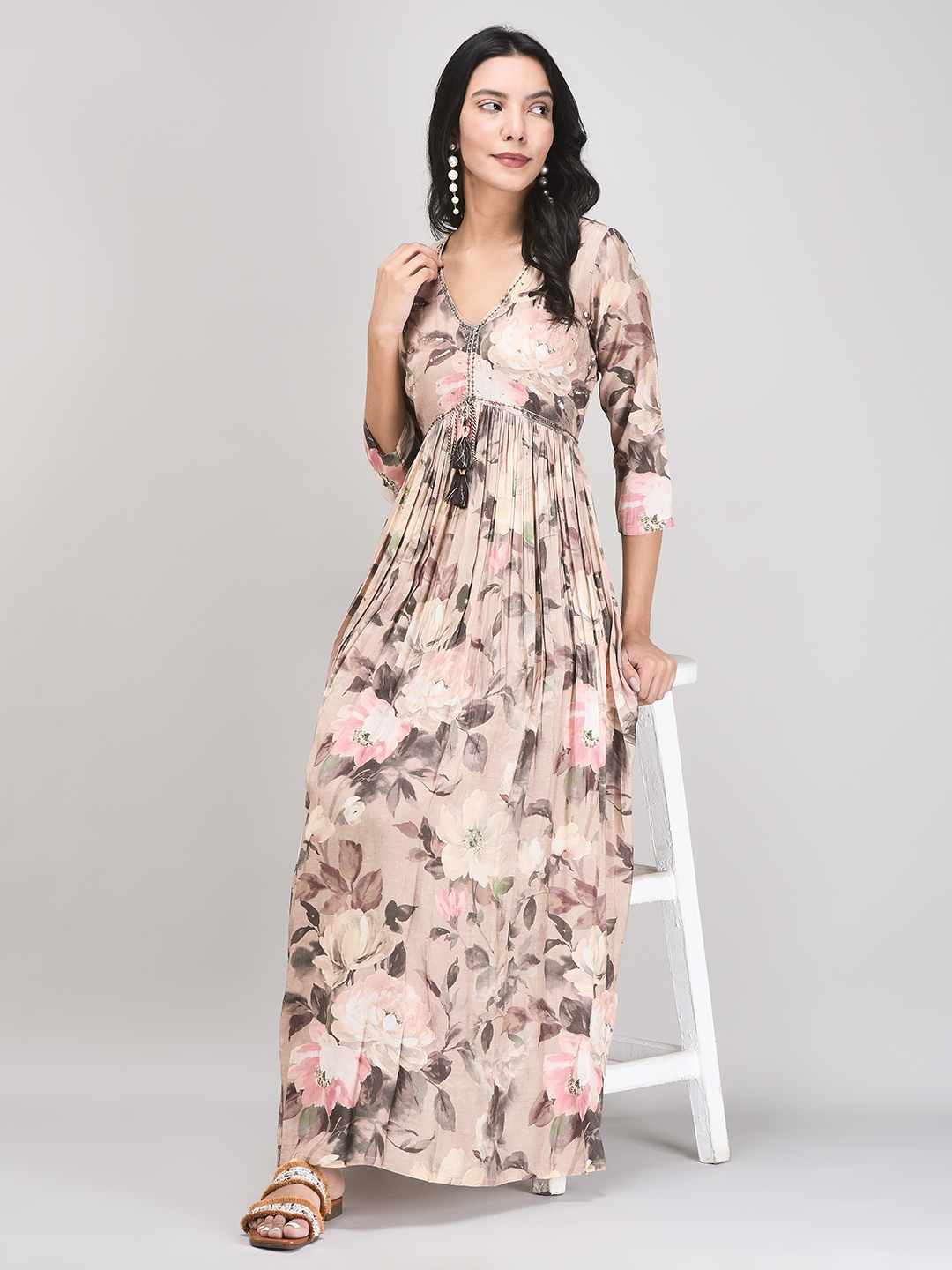 Women's Pale Blush Muslin Fabric Ethnic Flared Long Dress