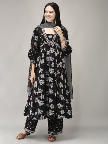 Women's Cotton Fabric Printed Suit Set | Ethnic Flared Kurta with Palazzo & Printed Dupatta