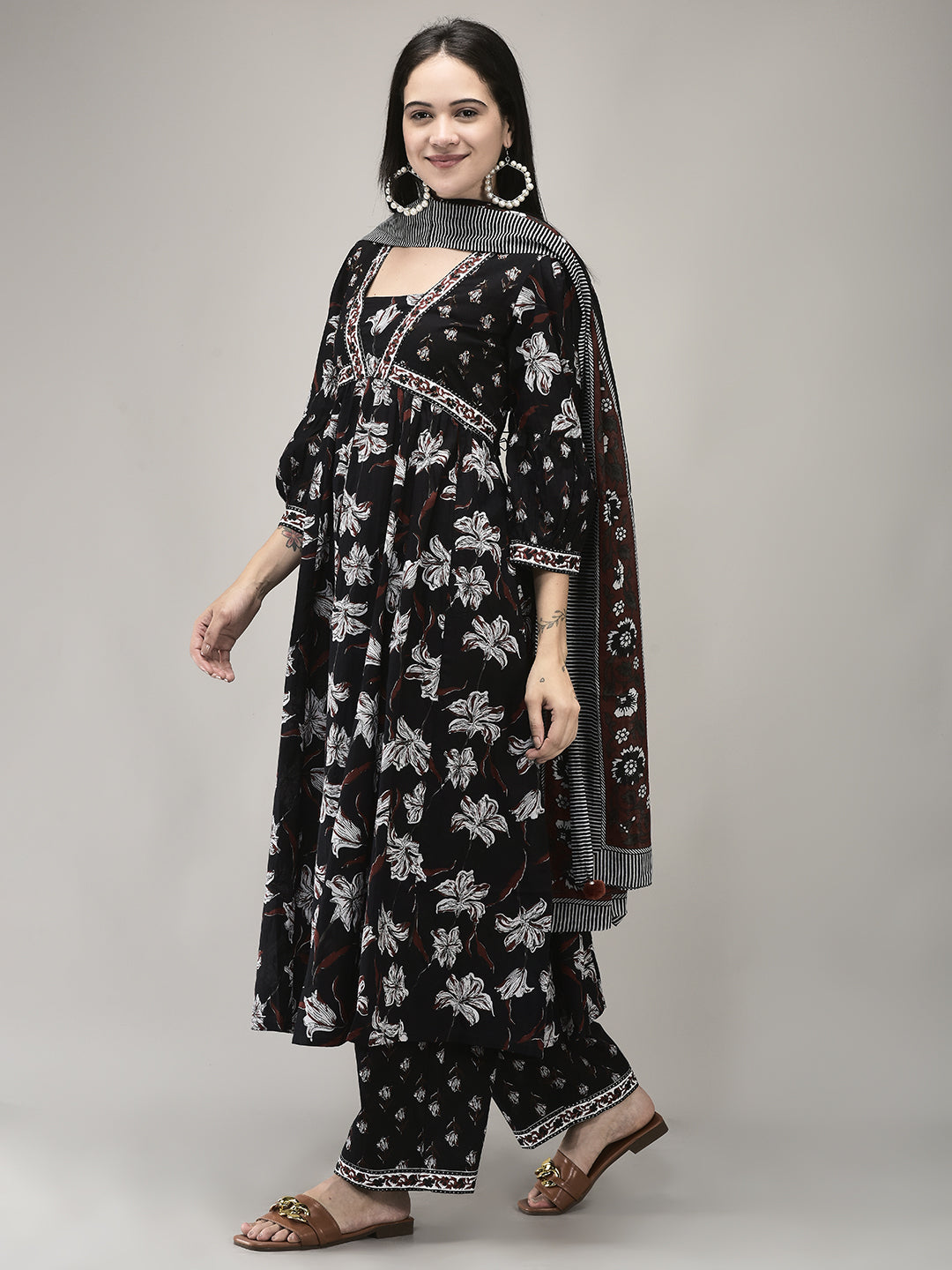 Women's Cotton Fabric Printed Suit Set | Ethnic Flared Kurta with Palazzo & Printed Dupatta