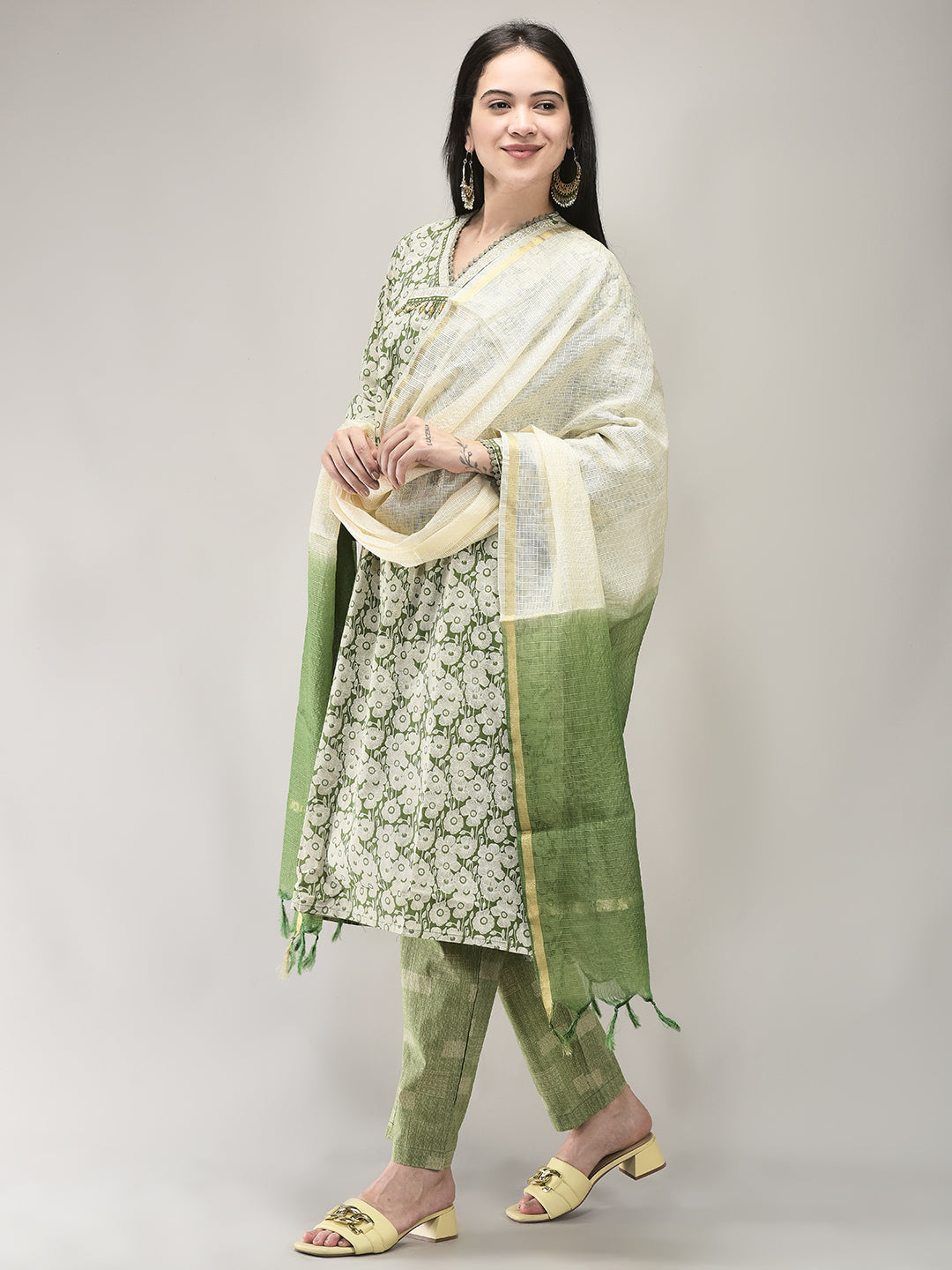 Women's Cotton Green Printed Suit Set | Ethnic Kurta with Pant & Dupatta