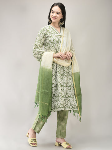 Women's Cotton Green Printed Suit Set | Ethnic Kurta with Pant & Dupatta