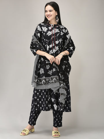 Women's Cotton Fabric Printed Suit Set | Ethnic A-line Kurta with Pants & Printed Dupatta