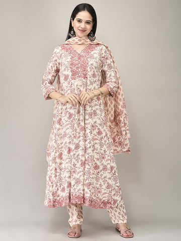 Women's Rayon Pink Printed Suit set | Ethnic Flared Kurta with Printed Pant & Dupatta
