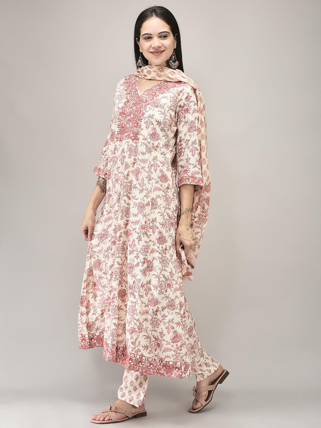 Women's Rayon Pink Printed Suit set | Ethnic Flared Kurta with Printed Pant & Dupatta