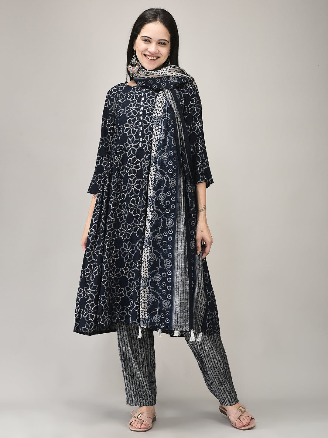 Women's Blue Rayon Fabric Printed Suit Set | Ethnic Printed Kurta with Pants & Dupatta