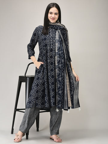 Women's Blue Rayon Fabric Printed Suit Set | Ethnic Printed Kurta with Pants & Dupatta