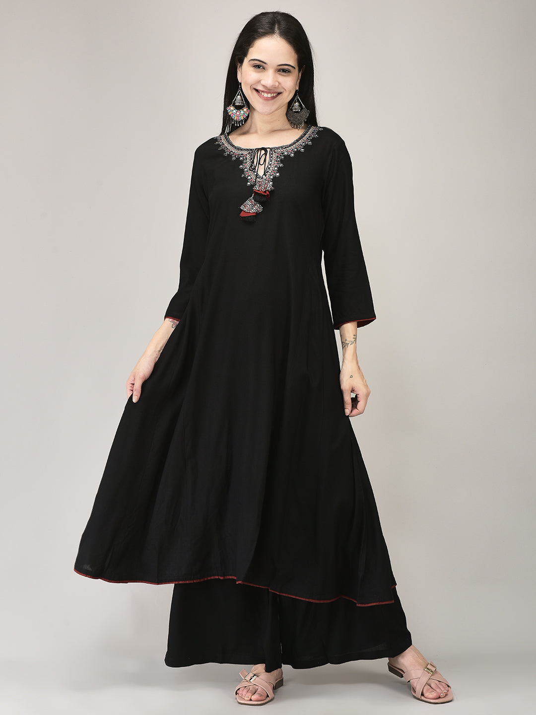 Women's Black Rayon Fabric Suit Set | Ethnic Flared Kurta with Palazzo & Printed Dupatta