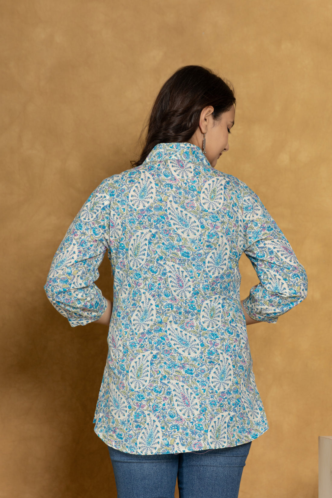 Women's Cotton Sky Blue Short Printed Kurta | Ethnic Short Kurta