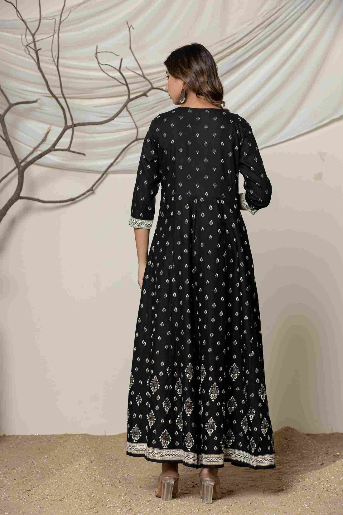 Women's Cotton Black Embroided Dress I Ethnic Anarkali Dress with Sequin & Zari work