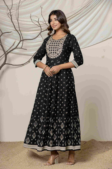 Women's Cotton Black Embroided Dress I Ethnic Anarkali Dress with Sequin & Zari work
