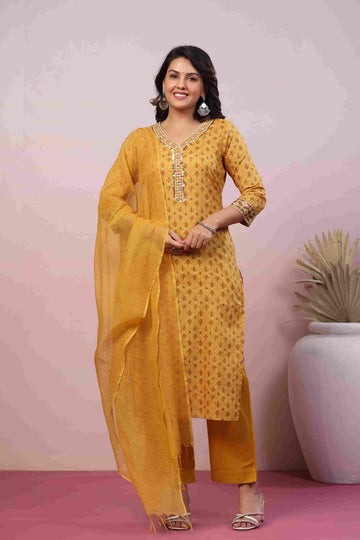 Women's Yellow Cotton Fabric Printed Suit Set | Ethnic Straight Kurta with Pants & Dupatta