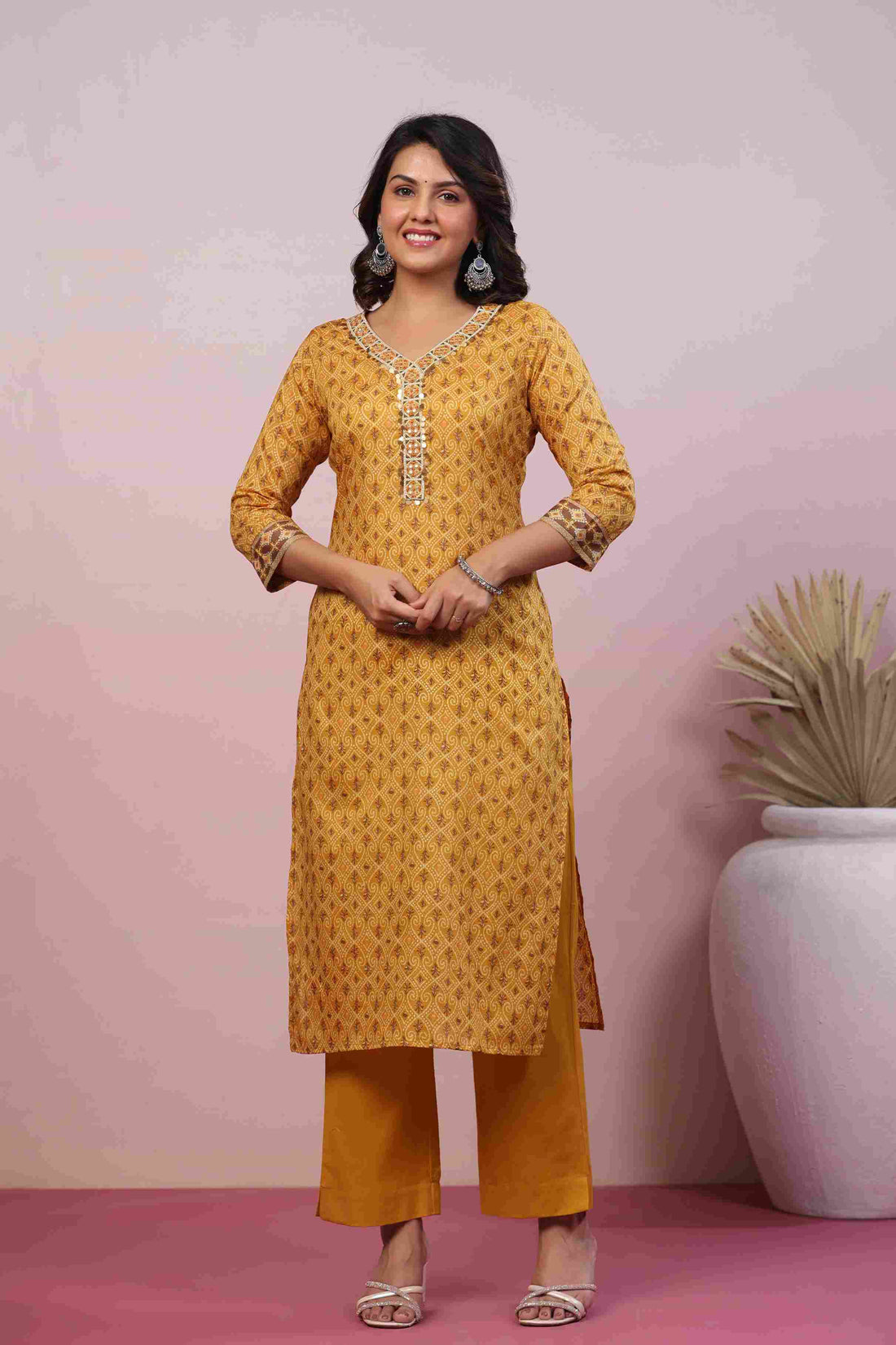 Women's Yellow Cotton Fabric Printed Suit Set | Ethnic Straight Kurta with Pants & Dupatta