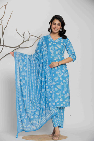 Women's Cotton Fabric Suit Set | Ethnic Printed Straight Kurta with Pants & Dupatta