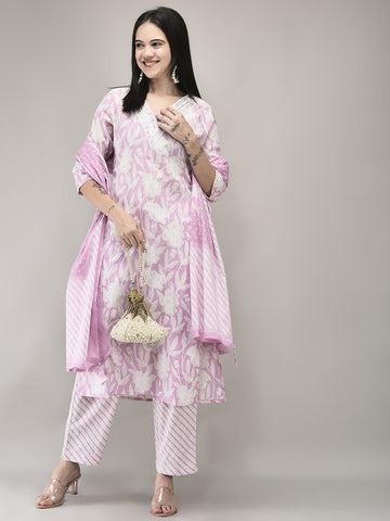 Women's Cotton Fabric Suit Set | Ethnic Printed Straight Kurta with Pants & Dupatta