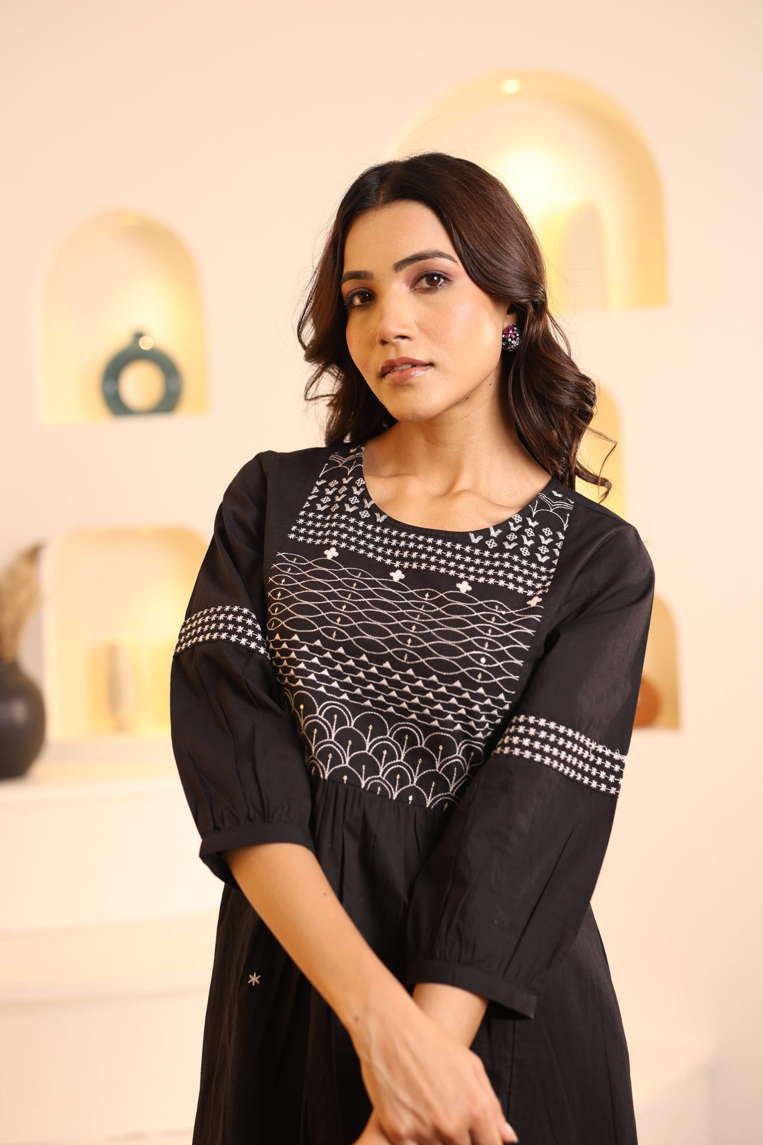 Women's Black Cotton Fabric Embroidered Ethnic Kurta with Pants