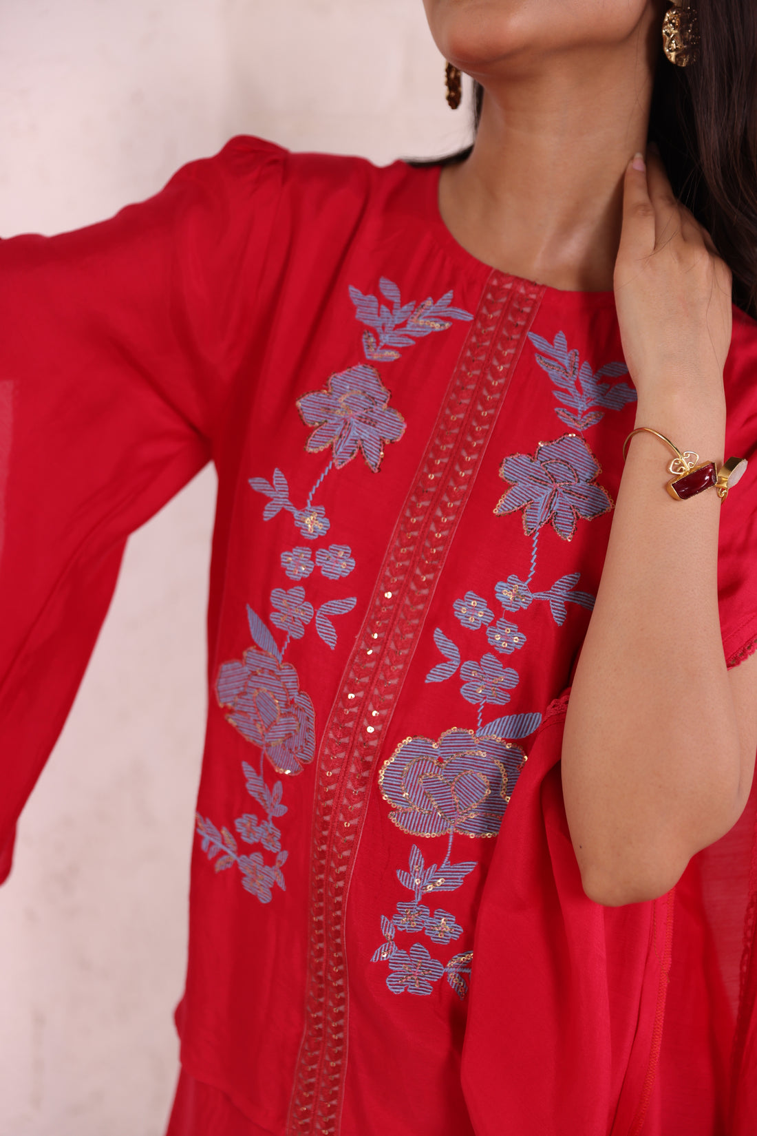 Women's Red Santoon Fabric Tunic top with Split Sleeves and Pants