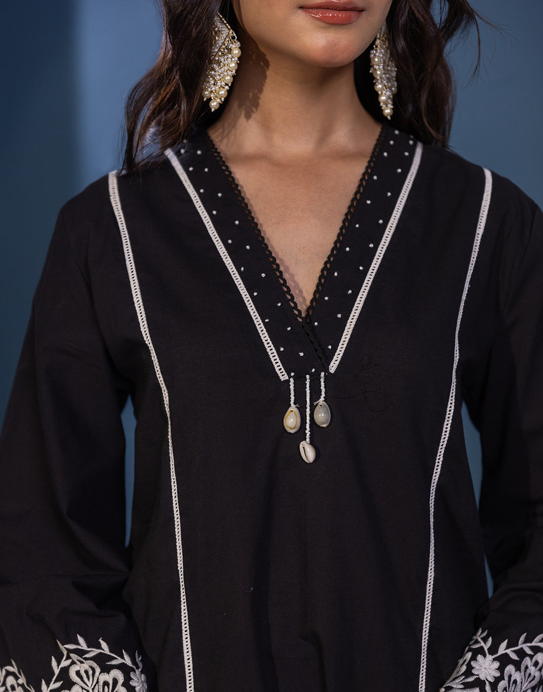 Women's Black Cotton Fabric Tunic Top with pakistani Sleeves and Pants