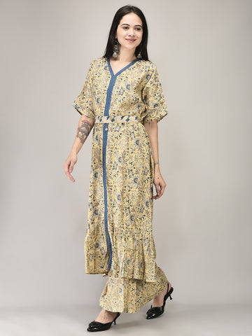 Women's Beige Cotton muslin Co-ord Set with Belt