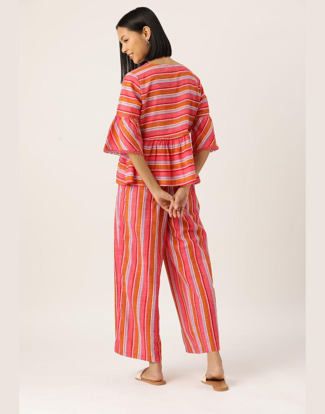 Women's Orange-Pink Cotton Fabric Striped Co-ord Set
