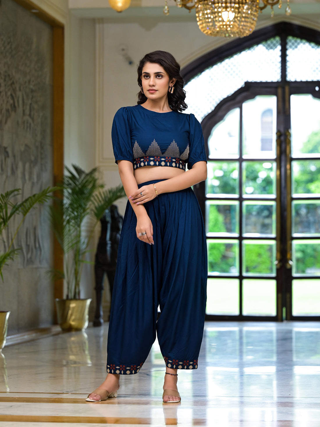 Women's Dark Blue Rayon Fabric Crop Top with Dhoti Pants
