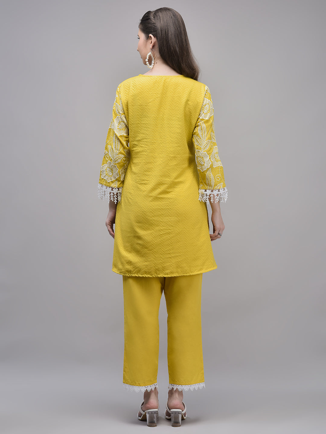 Women's Yellow Cotton Mulmul Fabric Thread Embroidery Co-ord Set