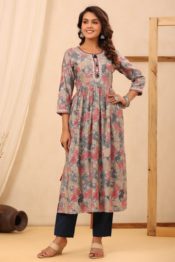 Women's Grey Muslin Fabric Printed Ethnic Kurta Set