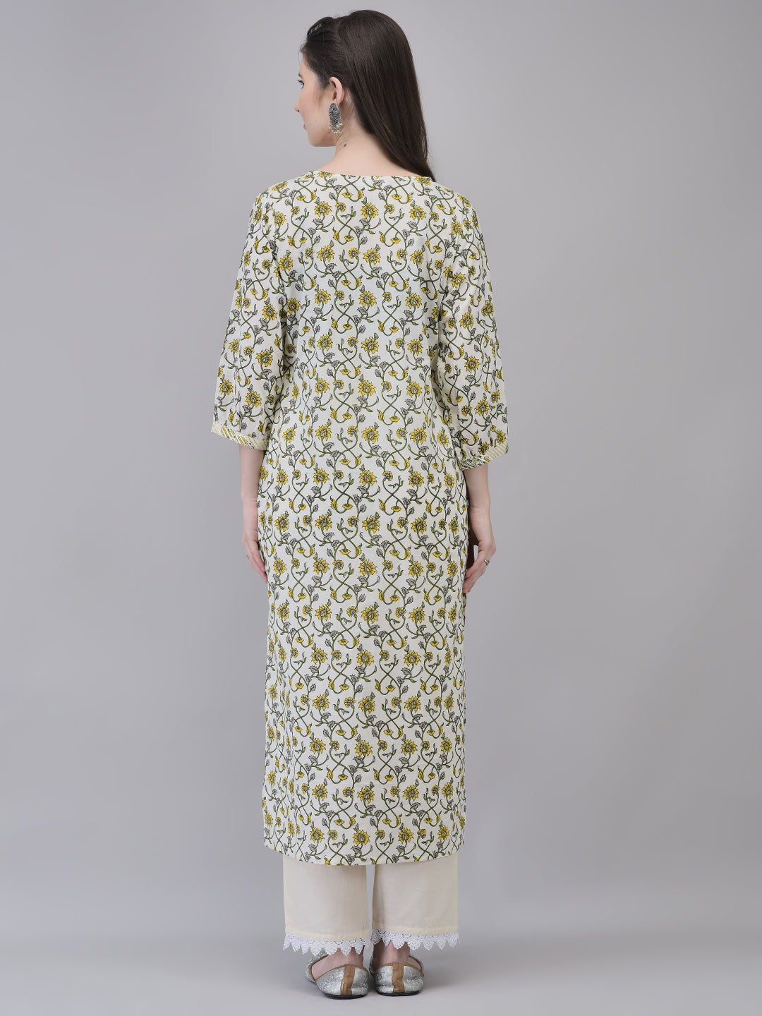 Women's Cotton Green Printed Kurta I Ethnic Floral Straight Kurta