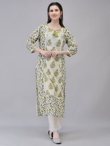 Women's Cotton Green Printed Kurta I Ethnic Floral Straight Kurta