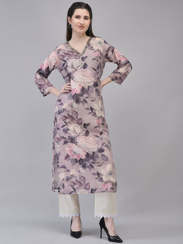 Women's Muslin Floral Printed Kurta | Ethnic Straight Kurta with V neck
