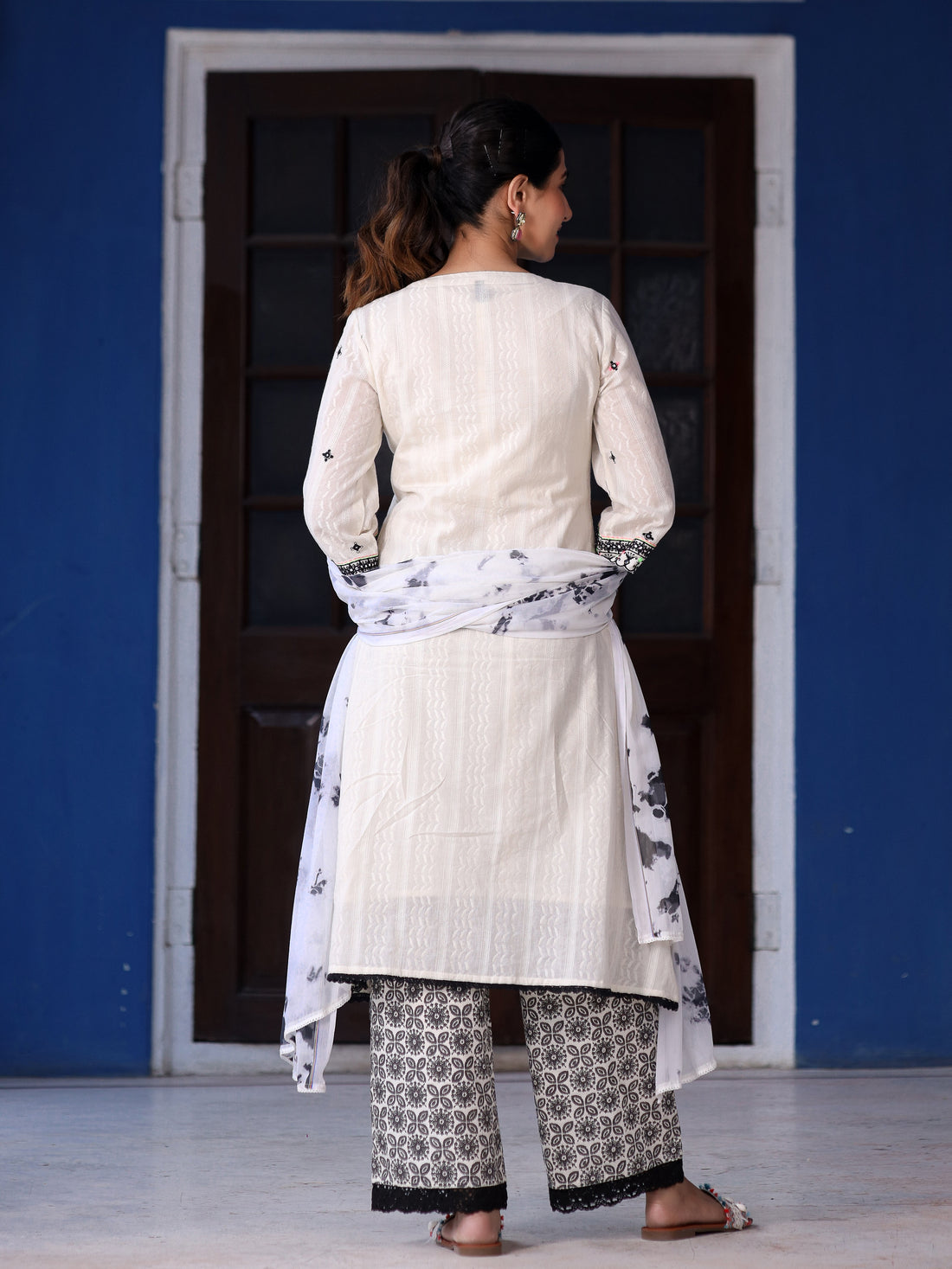 Women's Cotton Black & white Emroided Printed Suit set | Ethnic A-Line Kurta with Printed Pant & Dupatta
