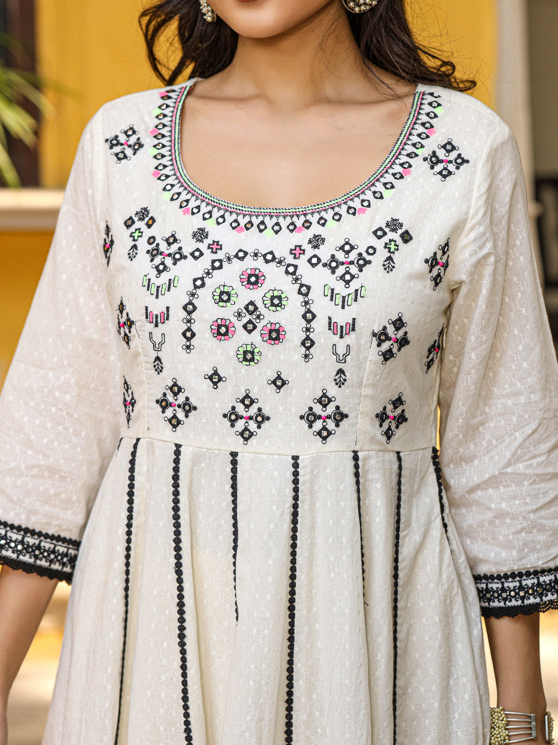 Women's Cotton Off white & Black Embroidered Suit set I Ethnic Anarkali Kurta with Pant & Dupatta