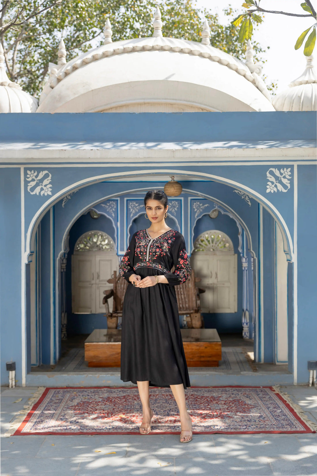 Women's Rayon Black Embroided Dress I Ethnic Midi Dress