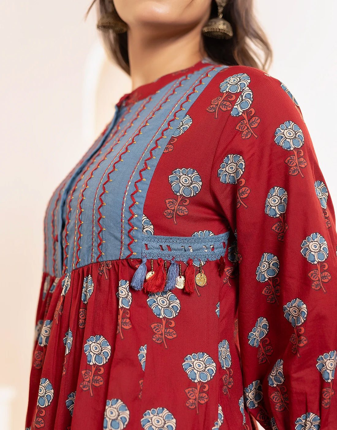 Women's Red Cotton Fabric Ethnic Kurta with Pockets and Pants