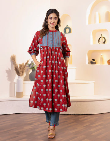 Women's Red Cotton Fabric Ethnic Kurta with Pockets and Pants