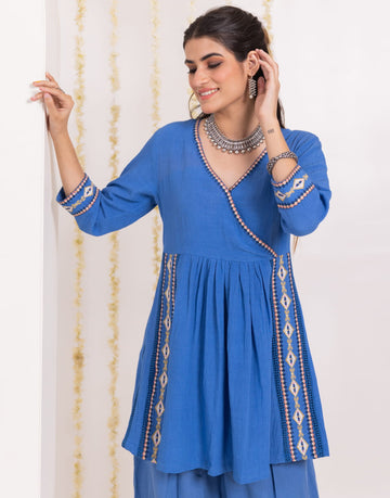 Women's Indigo Cotton Fabric Angrakha Style Kurta With Dhoti Pants
