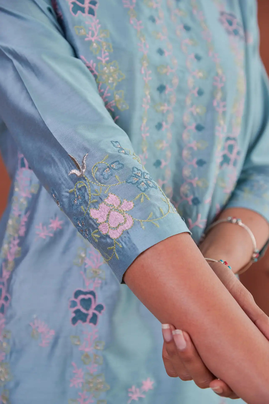 Women's Blue Cotton Fabric Embroidered Ethnic Straight Kurta With Pants