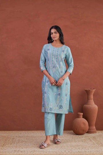 Women's Blue Cotton Fabric Embroidered Ethnic Straight Kurta With Pants