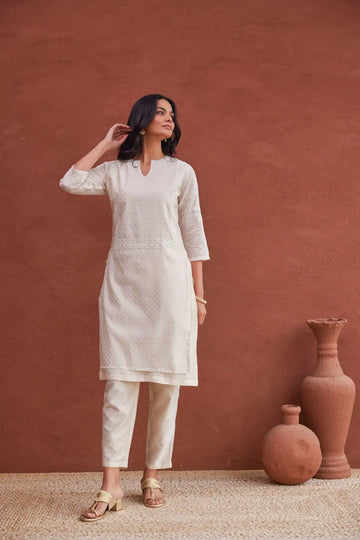 Women's Off White and Golden Polka Dots Cotton Fabric Kurta Set