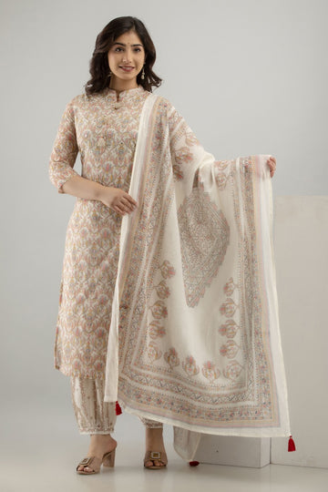 Women's Pink Mulmul Fabric Printed Suit Set | Ethnic Straight Kurta with Pants & Printed Dupatta