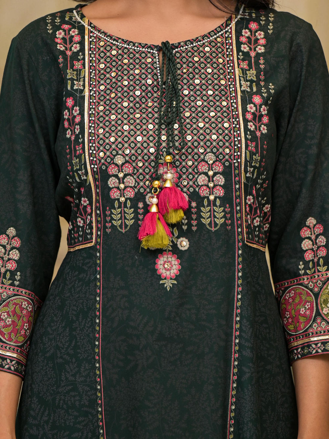 Women's Dark Green Rayon Fabric Embroidered Kurta Set I Ethnic Flared Kurta with Palazzo