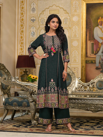 Women's Dark Green Rayon Fabric Embroidered Kurta Set I Ethnic Flared Kurta with Palazzo