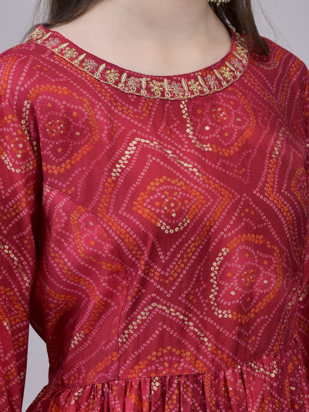 Women's Rayon Pink Bandhani Suit Set I Ethnic Flared Kurta with Printed Skirt & Dupatta