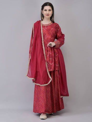 Women's Rayon Pink Bandhani Suit Set I Ethnic Flared Kurta with Printed Skirt & Dupatta