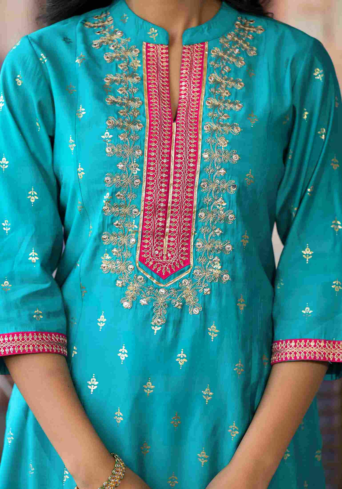 Women's Rayon Turquoise Embroidered Suit Set I Ethnic Straight Kurta with Printed Palazzo & Dupatta