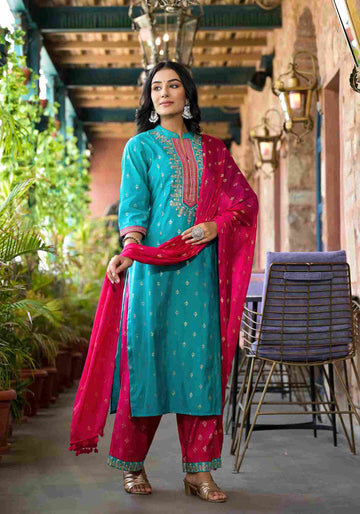 Women's Rayon Turquoise Embroidered Suit Set I Ethnic Straight Kurta with Printed Palazzo & Dupatta