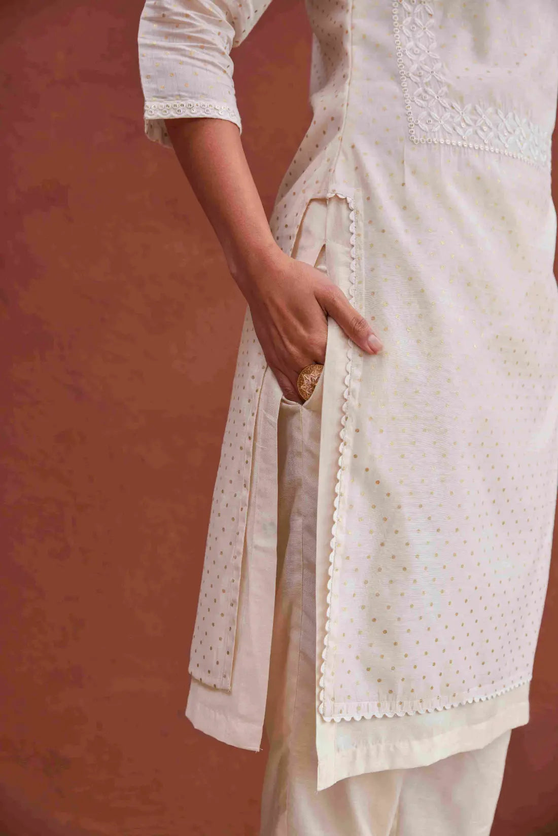 Women's Off White and Golden Polka Dots Cotton Fabric Kurta Set