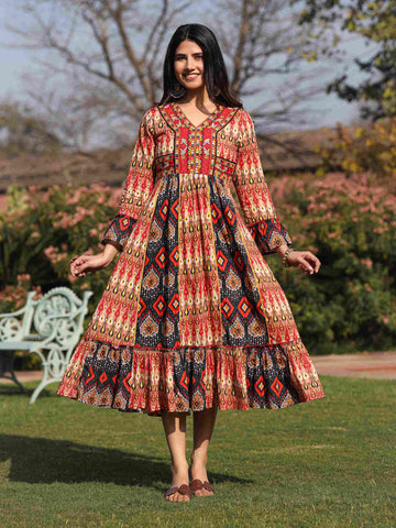 Women's Cotton Rust Printed Dress I Ethnic long Flared Dress
