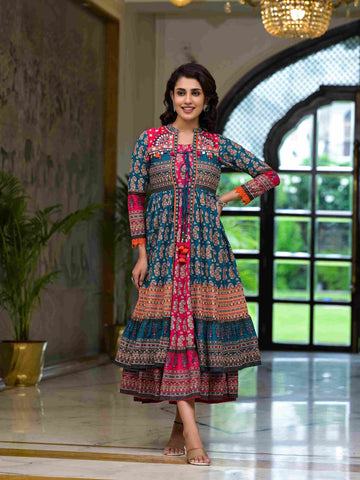 Women's Cotton Teal Blue Printed Dress I Ethnic long Flared Dress in 2 piece set