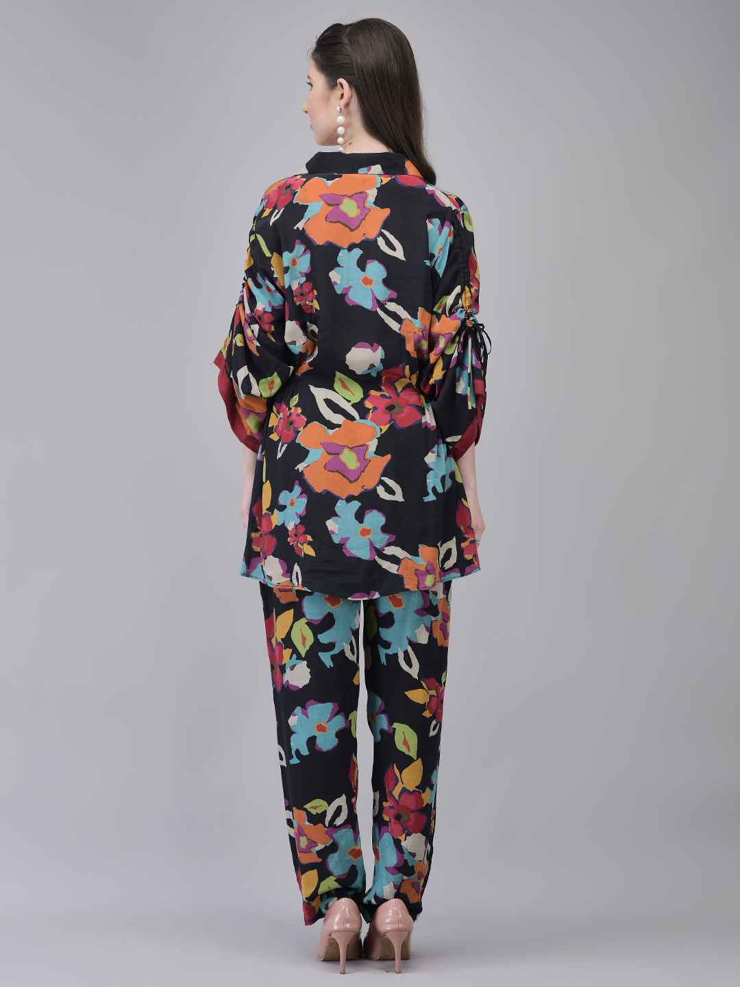 Women's Black Fiona Silk Fabric Floral Printed Co-ord Set